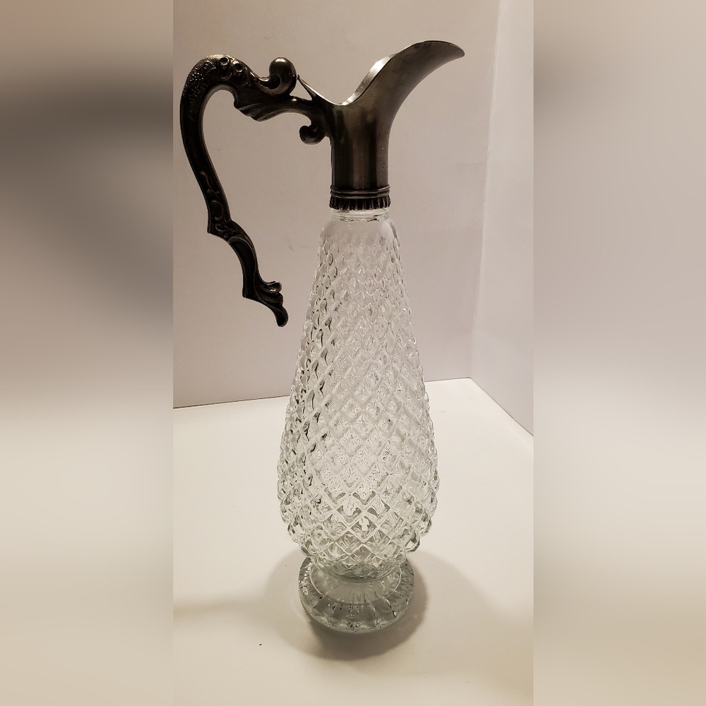 Leonard Crystal Silver Plate Collar And Cork Wine Decanter Ewer Italy 12.75 Inch